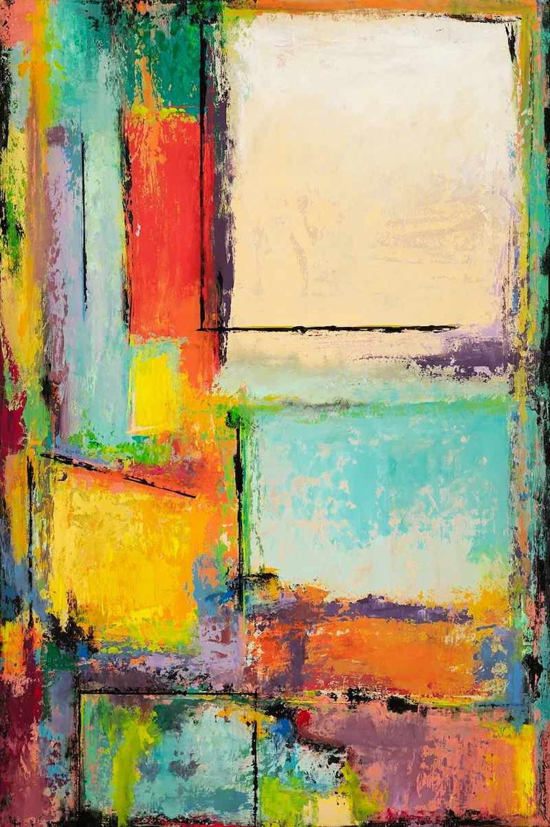 Abstract geometric painting in turquoise, orange, yellow and cream color blocks - Sunlit Terraces