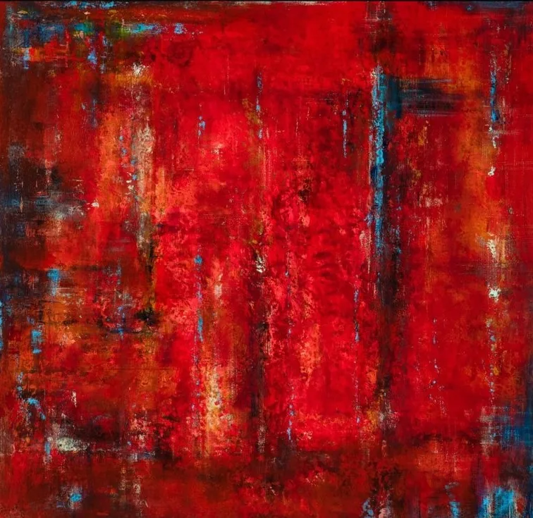 Bold textured abstract color field in deep crimson red with glimpses of teal beneath - Crimson Depths