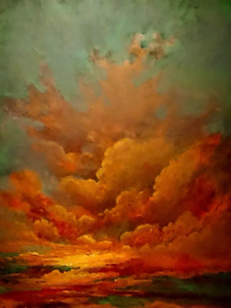 Atmospheric abstract painting of fiery amber clouds billowing above a glowing horizon - Ember Sky