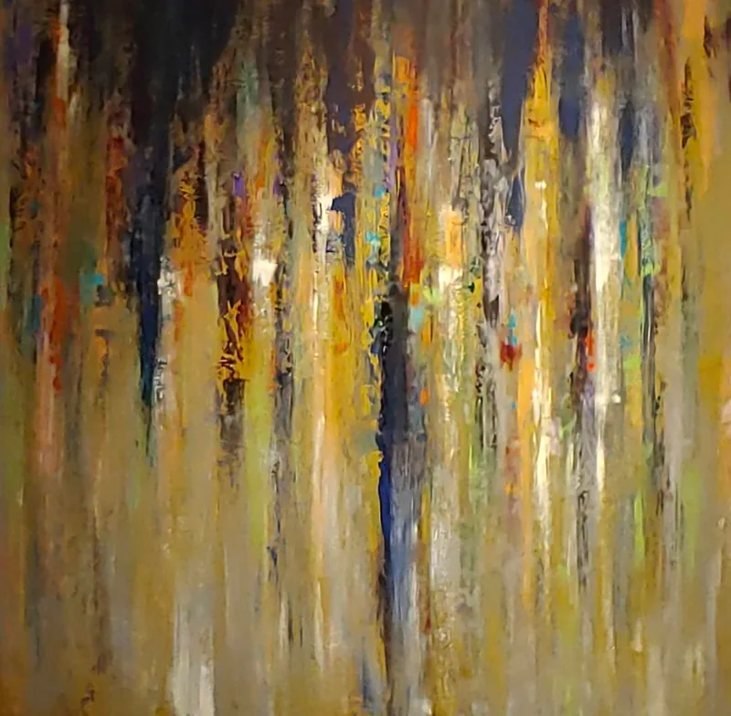 Abstract painting of gold and blue brushstrokes streaming downward like a waterfall - Cascade