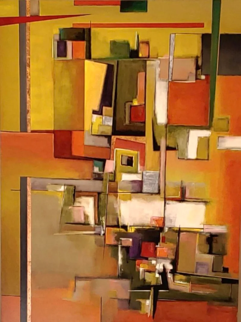 Cubist-inspired geometric abstract of interlocking blocks in olive, ochre, orange and cream - The Quarter
