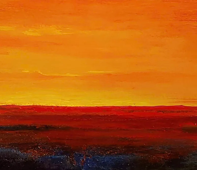 Minimal abstract landscape of a deep red field beneath a radiant amber sunset sky - Scarlet Horizon