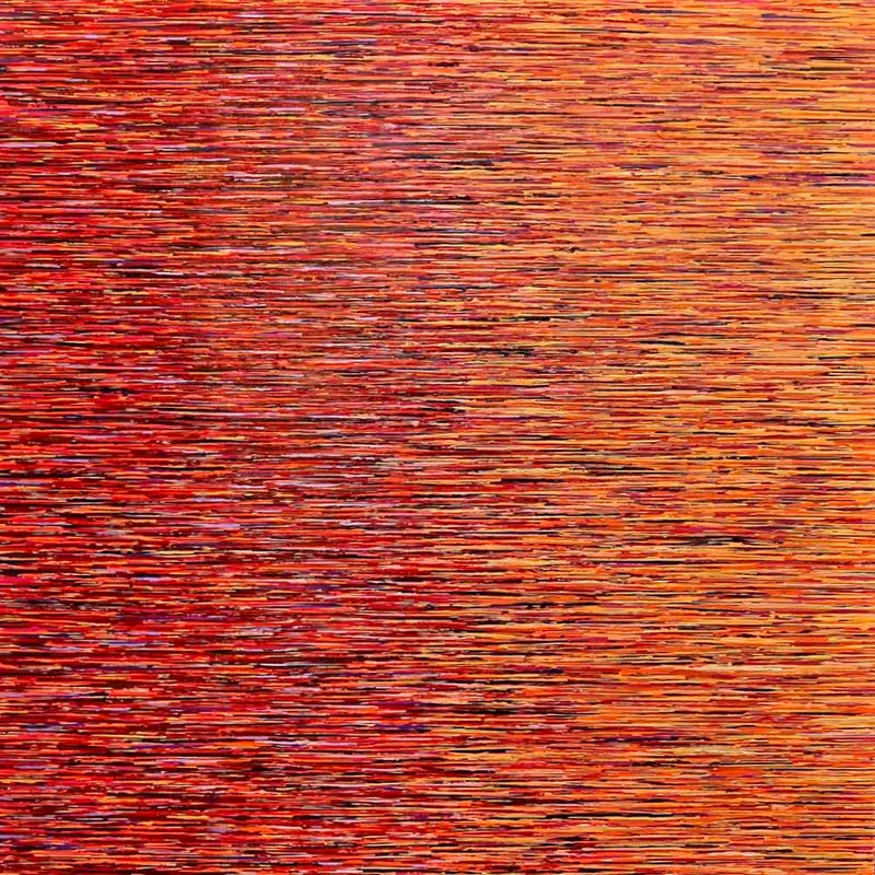 Textured abstract painting of glowing red and orange horizontal striations - Ember Currents