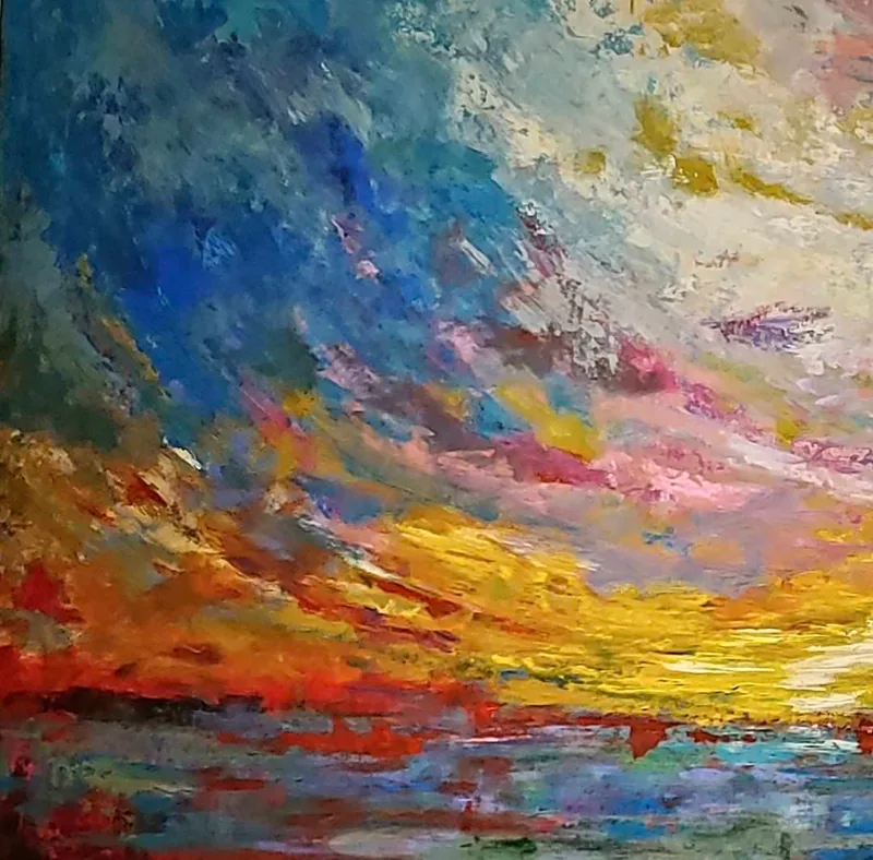 Expressive abstract sunset of sweeping blue, pink and golden brushstrokes over water - Sky Symphony