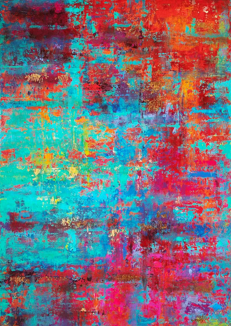 Vibrant textured abstract painting in crimson red and turquoise crosshatch strokes - Carnival