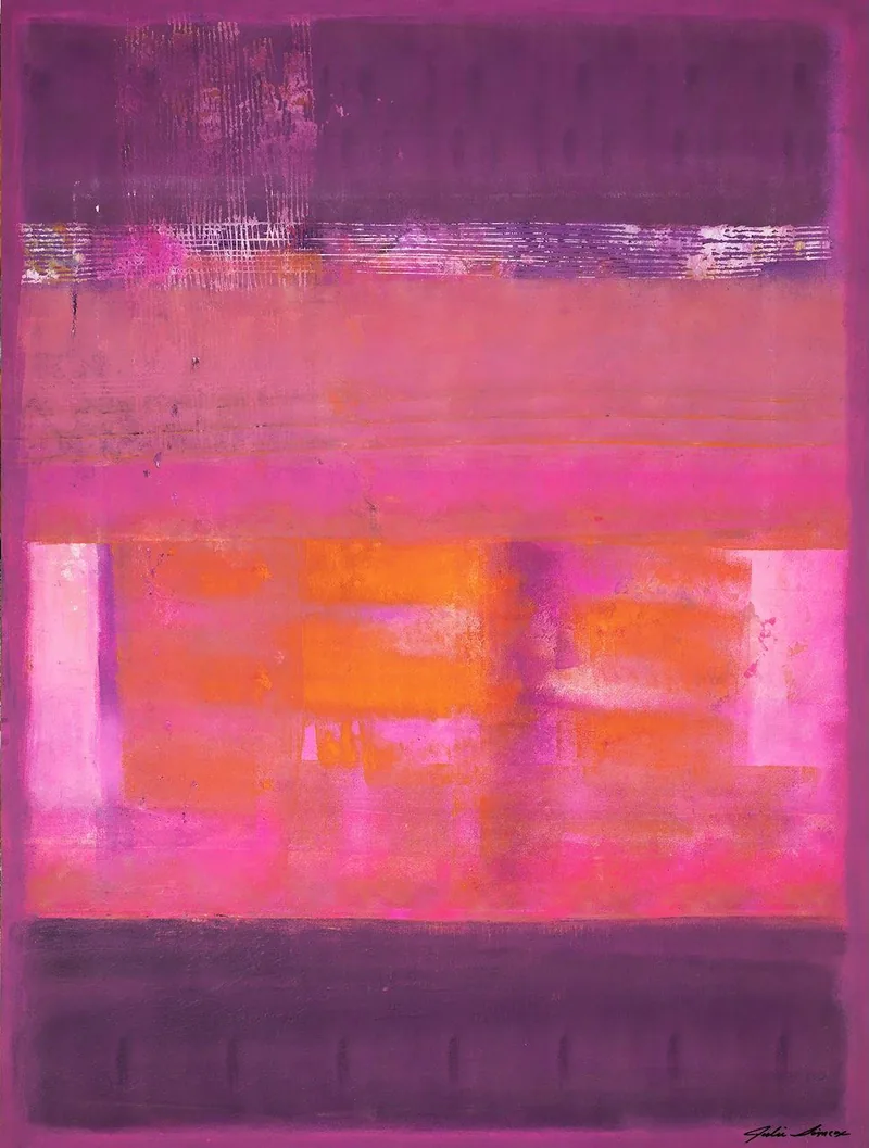 Color field abstract painting in layered magenta, pink, purple and orange bands - Rose Veil