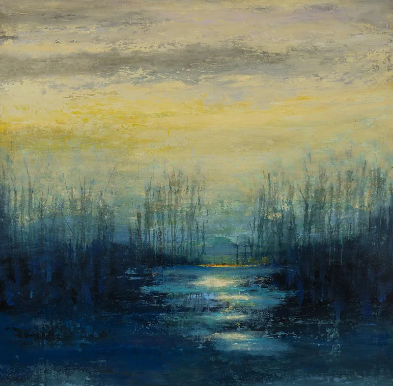 Moody abstract landscape of moonlight reflecting on dark blue marsh water beneath a pale sky - Moonlit Marsh