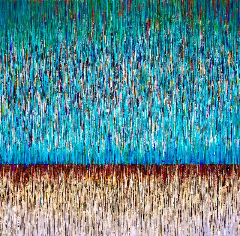 Abstract painting of turquoise water meeting golden sand in fine vertical drip texture - Tide Line