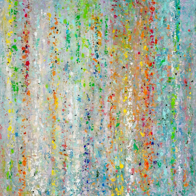 Joyful abstract painting of multicolored paint speckles cascading over a pale ground - Confetti Rain